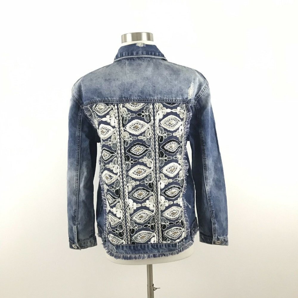JAASE Womens S Embellished Denim Jacket Oversized NWT Back Design Distressed - Picture 4 of 8
